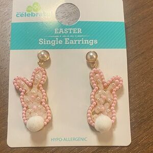 Pink Bunny hanging post Earrings w cotton tail & beads NWT Perfect for Easter